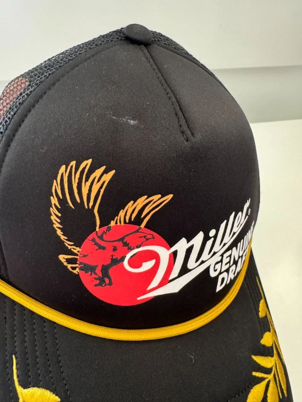Miller Genuine Draft Black Snapback Trucker Hat Yellow Rope and Embroidery Adjus